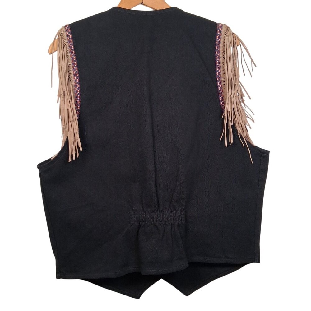 Vintage Western Wear Vest Women XL Wanted Beads Beautiful Fringe Black Denim USA - Picture 3 of 15